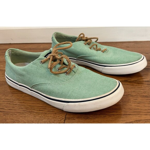 Sperry Top-Sider Mens Shoes STS17630 Teal White Canvas Boat Black Pin Stripe 12 - Picture 1 of 11